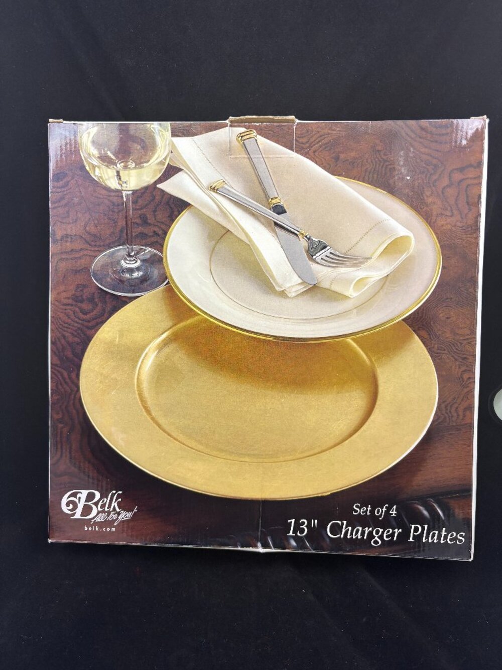 Belk Set of 4 Gold 13" Charger Plates Plastic Holiday Table Decor w Box